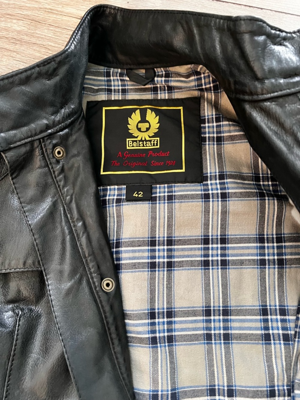 Belstaff Black Leather Belted Women’s Jacket with Plaid Lining